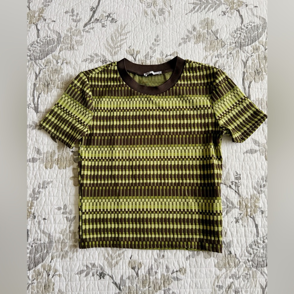 Zara Retro Knit Crewneck Tee in Green and Brown • S
